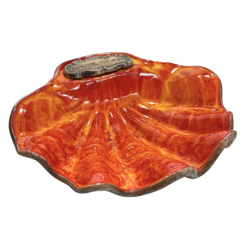 Vintage 1970s Treasure Craft USA Rhode Island Volcanic Red Shell Ashtray Ceramic